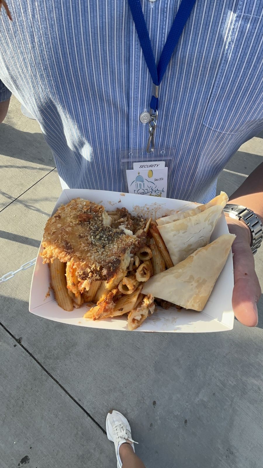 Pastitsio with phyllo triangles in a takeout tray