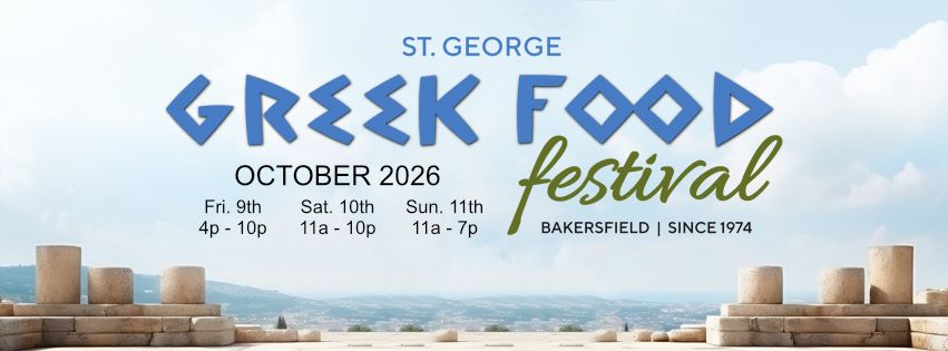 St. George Greek Food Festival outdoor banner — October 9–11, 2026 with Friday, Saturday, and Sunday hours