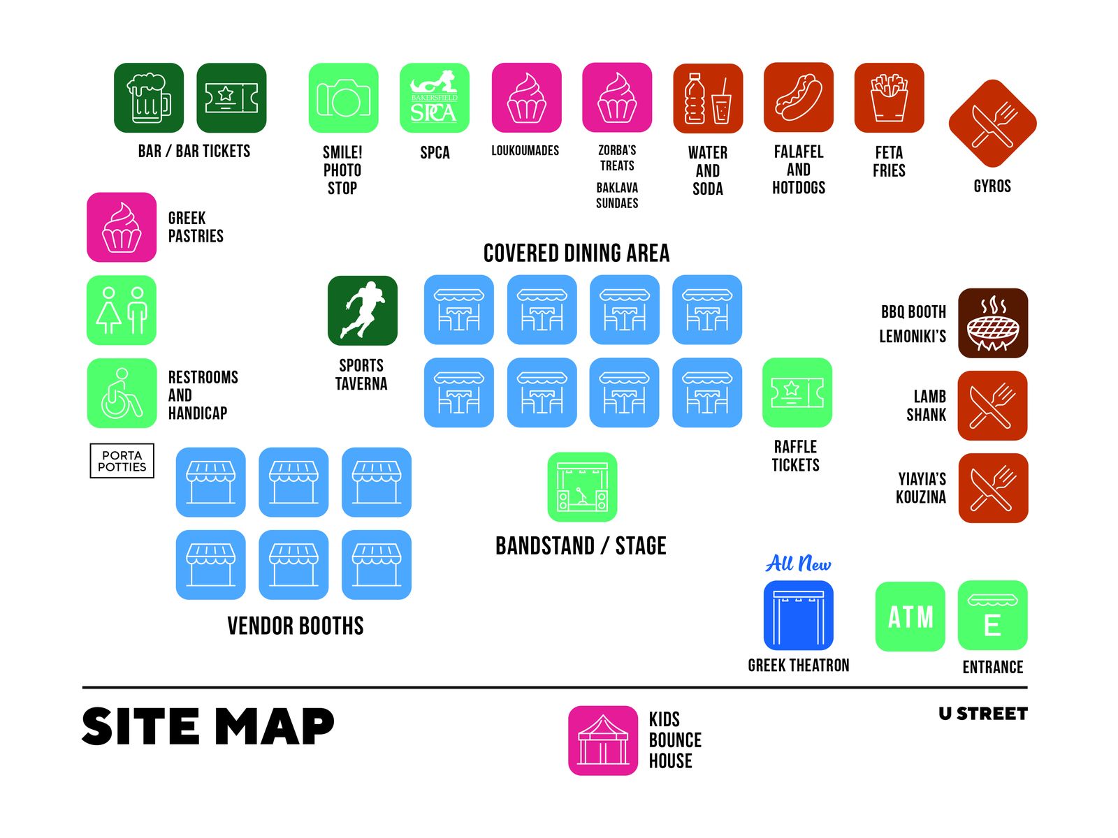 2026 festival grounds site map showing booths, dining, bandstand, kids bounce house, and the U Street entrance